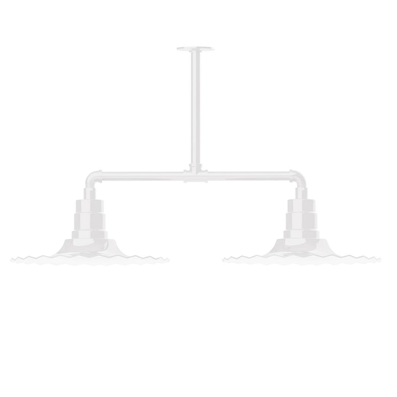 White 2-light stem-hung pendant light with radial arms and rectangular canopy