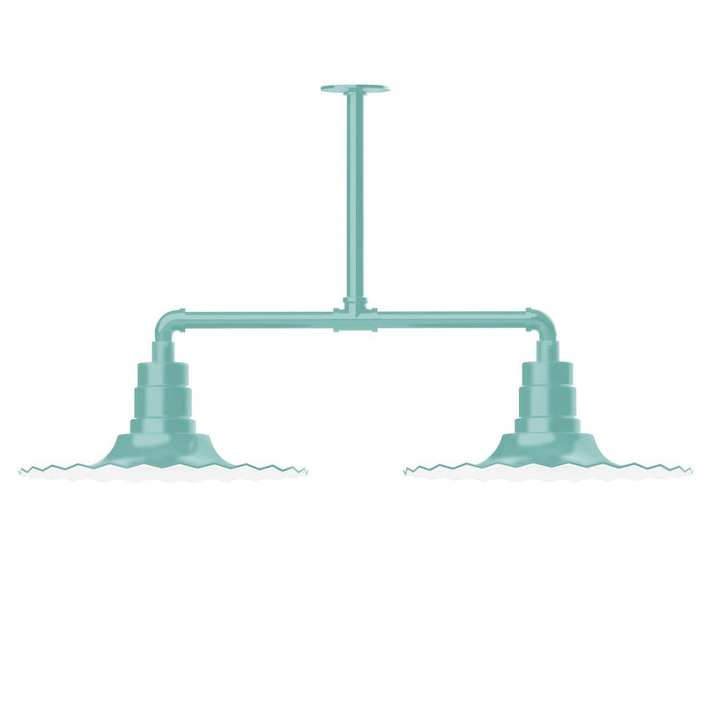 Sea green two-light stem-hung pendant frame with two bell shades