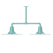 Sea green 2-light stem hung pendant light with horizontal bar and two bell shades