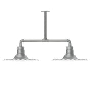 Two-light stem-hung pendant light with gray painted metal shades on curved arms.