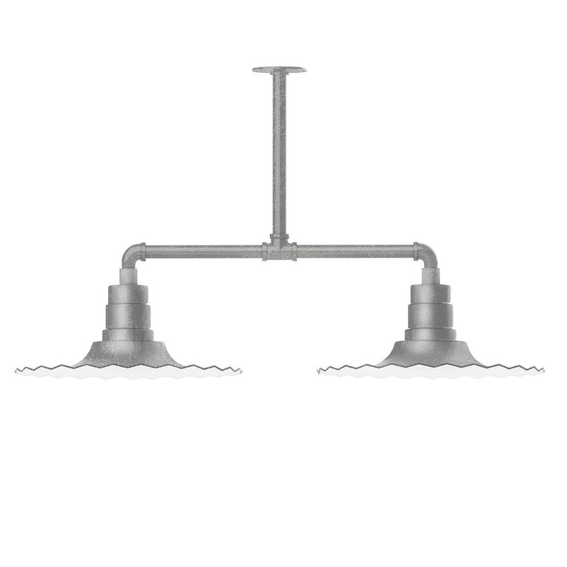 Two-light stem-hung pendant light with gray painted metal shades on curved arms.