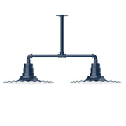 Navy 2-light stem-hung pendant light with two bell shades on bar