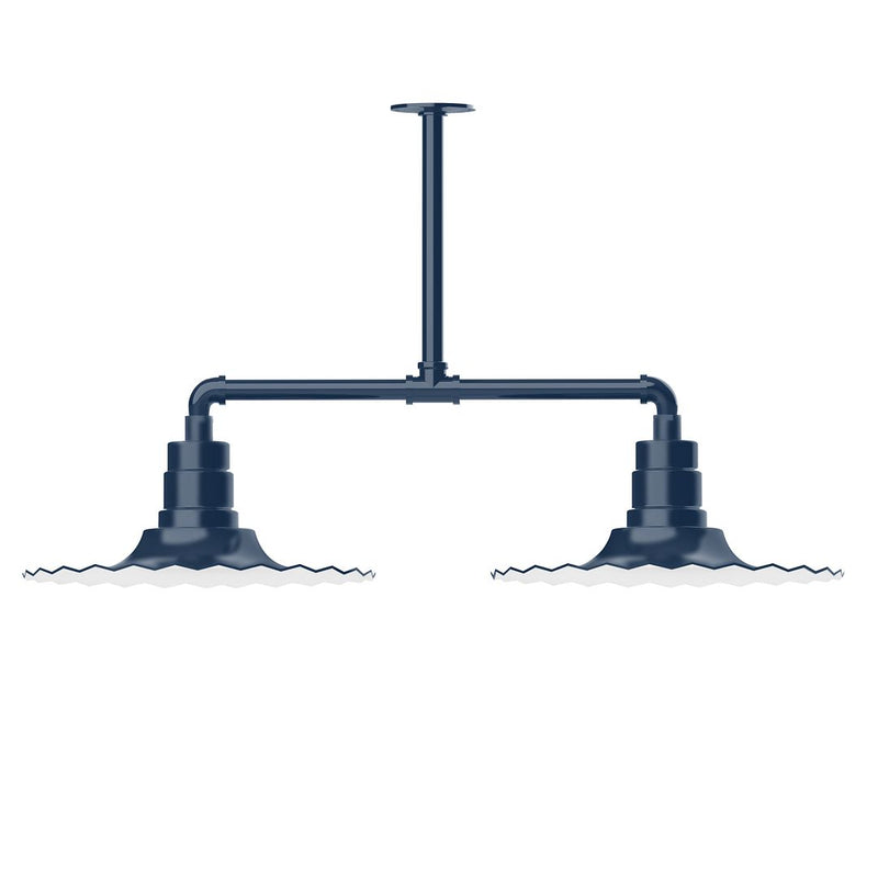 Navy stem-hung pendant light with two lamp heads and wiring connections