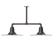 Two-light stem pendant in architectural bronze with two ribbed bell shades