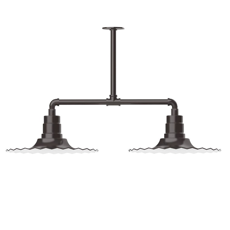 Architectural bronze two-light stem pendant with two bell shades and central mounting rod