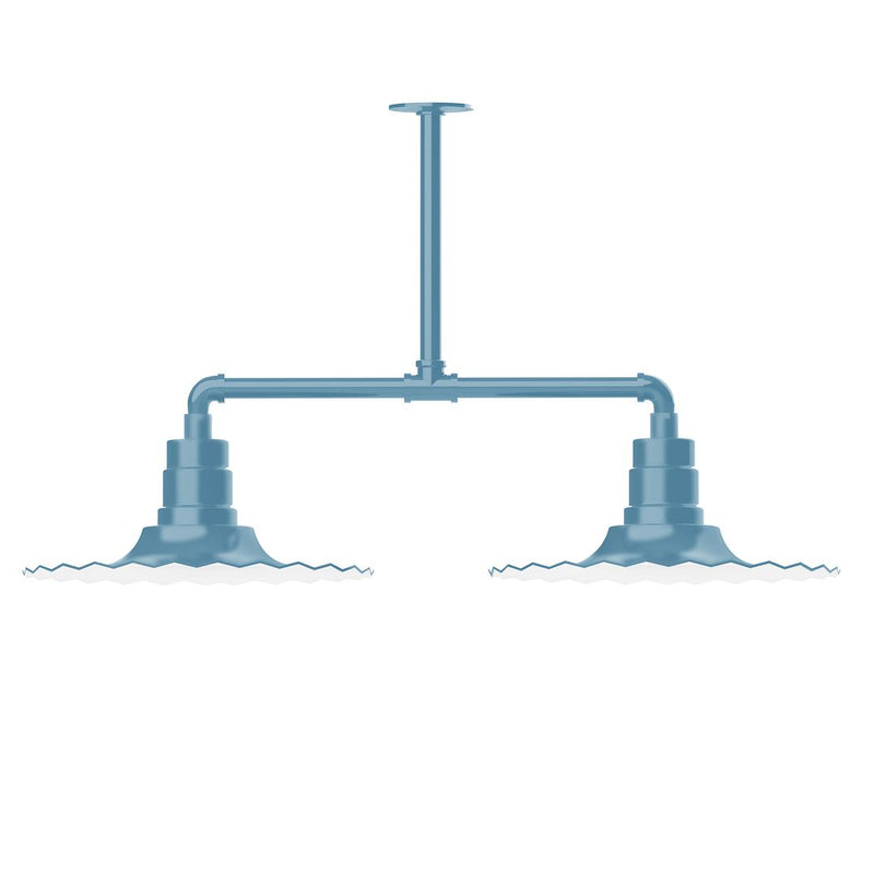 Light blue 2-light stem-hung pendant light with central canopy and two arms