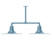 Light blue 2-light stem pendant light with two bell shades and ceiling stem.