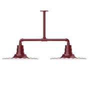 Barn red 2-light stem-hung pendant fixture with two bell-shaped shades on arms