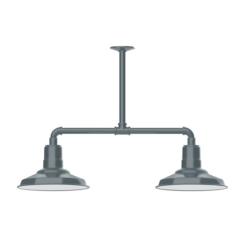 Slate gray two-light stem-hung pendant light with two bell shades and crossbar