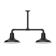 Black 2-light stem-hung pendant light with two round bell shades and straight bar.