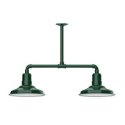 Forest green two-light stem pendant light with horizontal bar and two shades