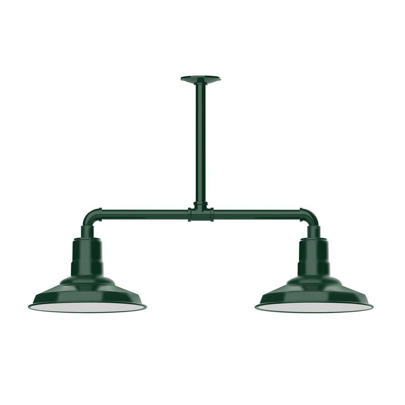 Forest green two-light stem-hung pendant light with two dome shades