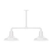 White 2-light stem-hung pendant with two dome shades and horizontal bar.