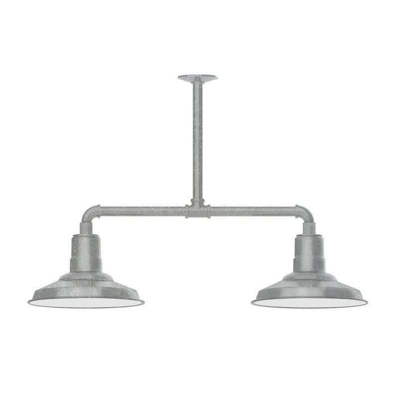 Two-light stem pendant light with two bell shades, painted galvanized gray