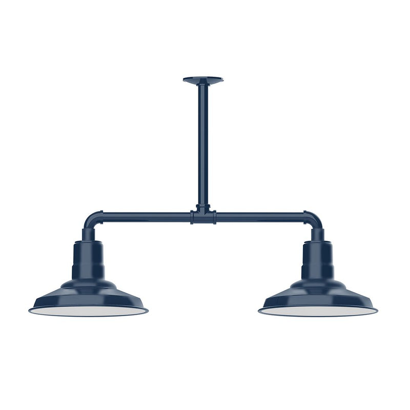 Navy two-light stem-hung pendant light with two metal bell shades