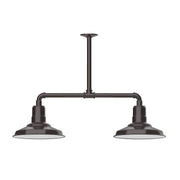 Two-light stem-hung pendant with dark bronze bar and two downward metal shades