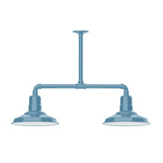 Light-blue 2-light pendant light with two dome shades and stem bar mount
