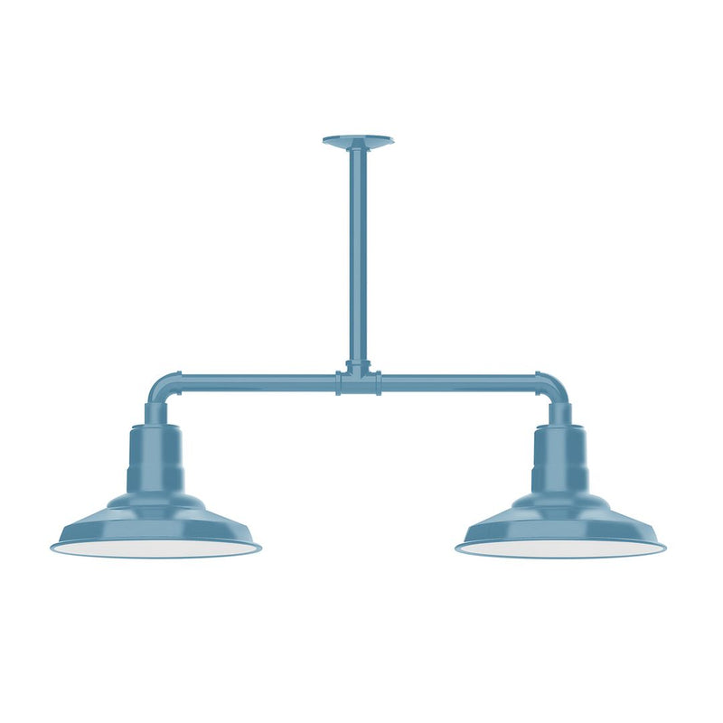 Light blue two-light stem hung pendant light with twin dome shades