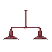 Barn red 2-light stem-hung pendant light with two dome shades on crossbar