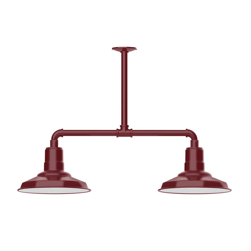 Two-light barn red stem-hung pendant light with two dome shades.