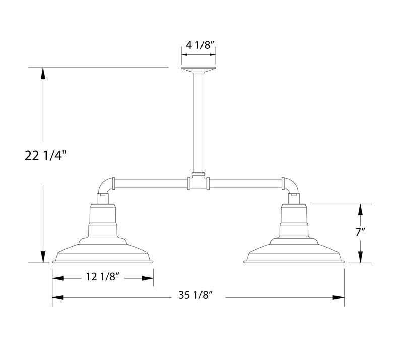 Two-light stem pendant light diagram with forest green crossbar and base dimensions