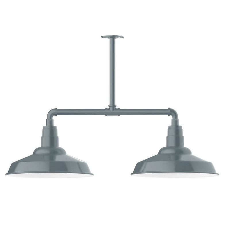 Slate gray two-light stem-hung pendant with twin dome shades and central crossbar