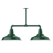 Forest green 2-light stem hung pendant with two bell-shaped shades