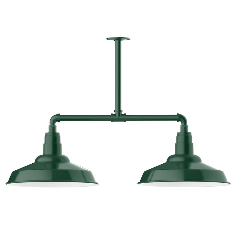 Forest green 2-light stem hung pendant with two cone shades and bar canopy