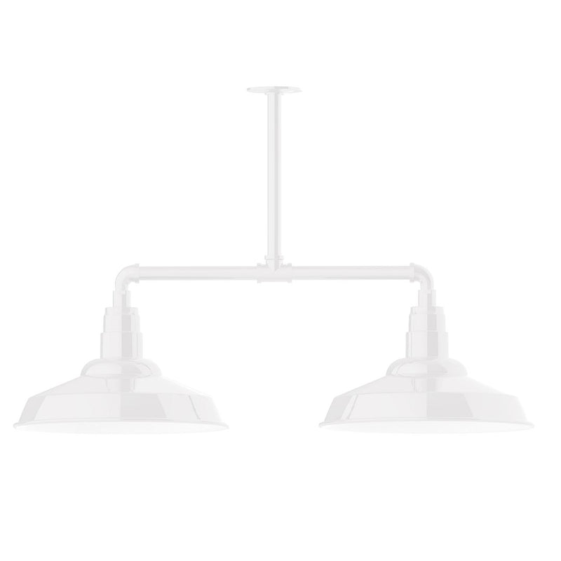 White 2-light stem-hung pendant light with two bell shades and bar mount
