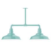 Sea green 2-light stem pendant with two dome shades and central canopy.