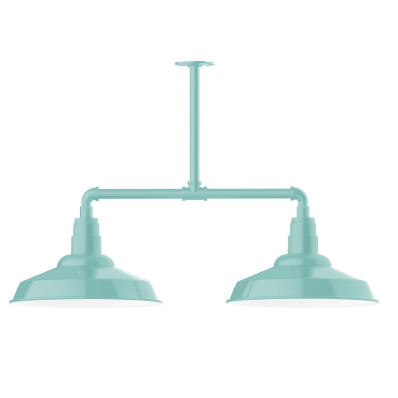 Sea green two-light stem hung pendant light with two bell shades