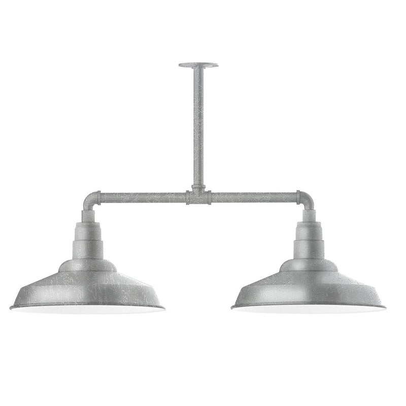 Two-light stem-hung pendant with painted galvanized domed shades, gray finish.