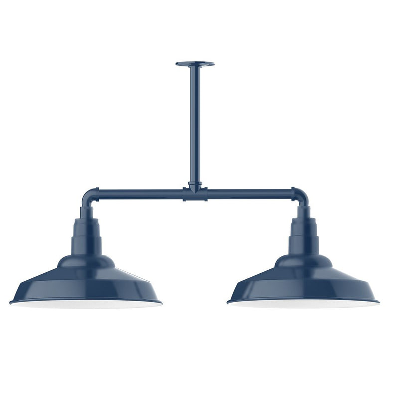 Navy 2-light stem pendant with two dome metal shades and crossbar ceiling mount