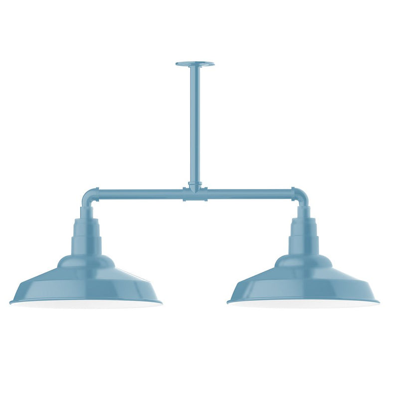 Light blue two-light stem-hung pendant with dual dome shades and metal frame