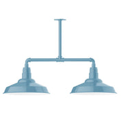 Light blue two-light stem-hung pendant light with twin domed shades