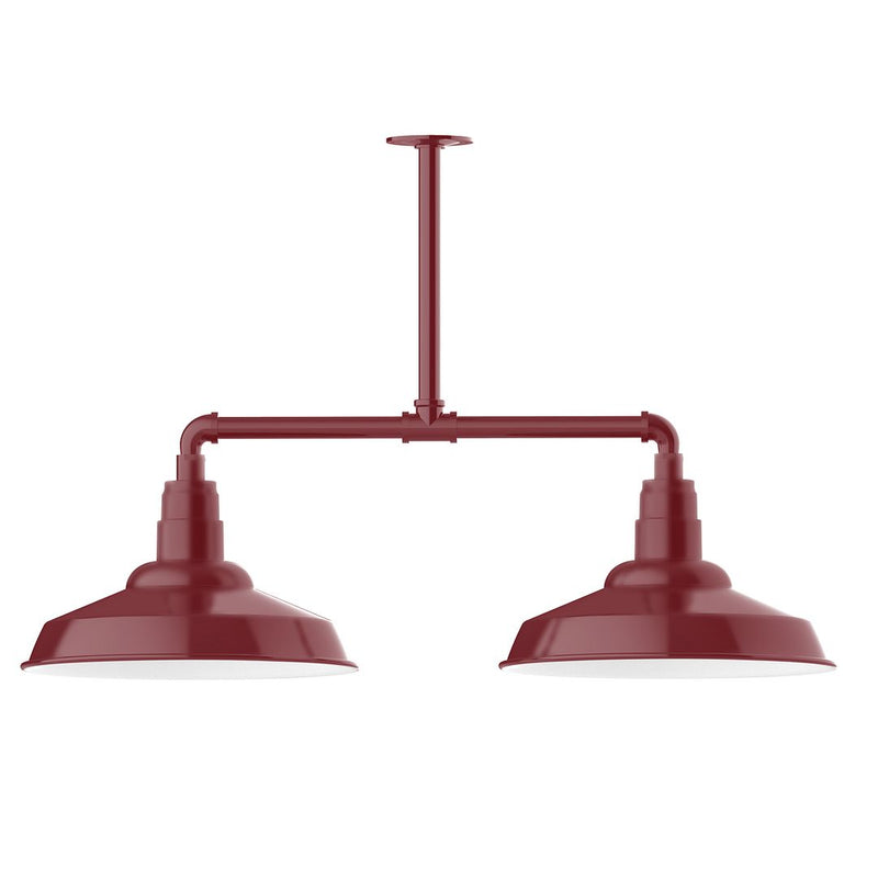 Barn red two-light stem pendant with twin dome shades and bar mount