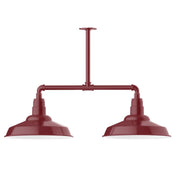 Two-light stem-hung pendant light in barn red with two bell shades and crossbar