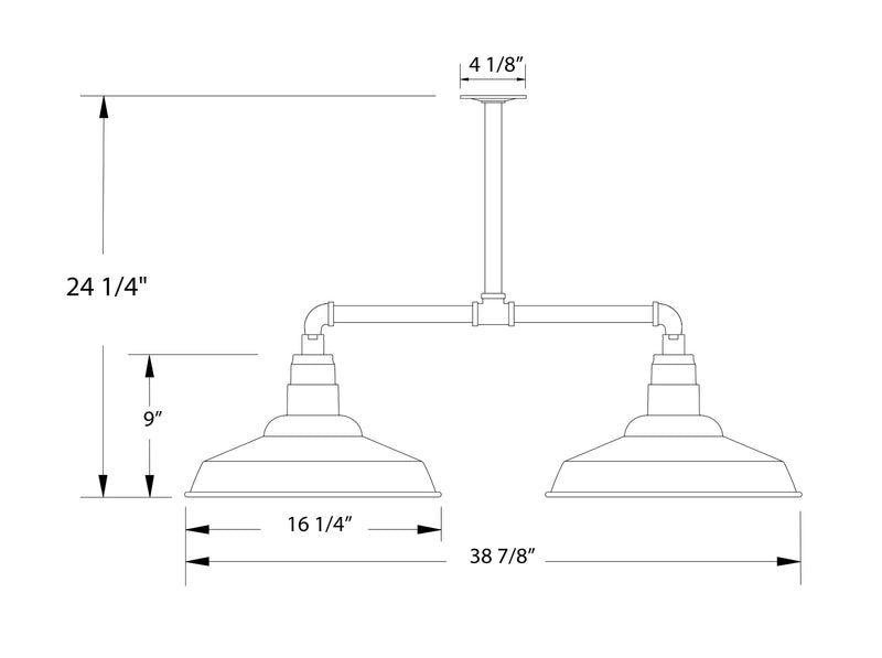 Two-light stem hung pendant light dimensions: 16 1/4 in wide, 24 1/4 in high