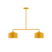 Bright yellow 2-light linear LED pendant with two cylindrical shades and ceiling stem
