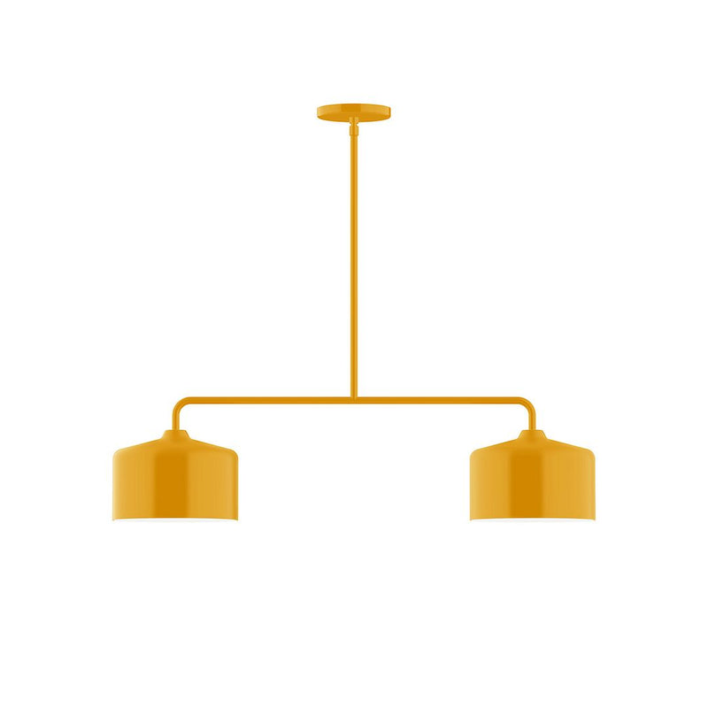 Bright yellow 2-light linear LED pendant with two cylindrical shades and ceiling stem
