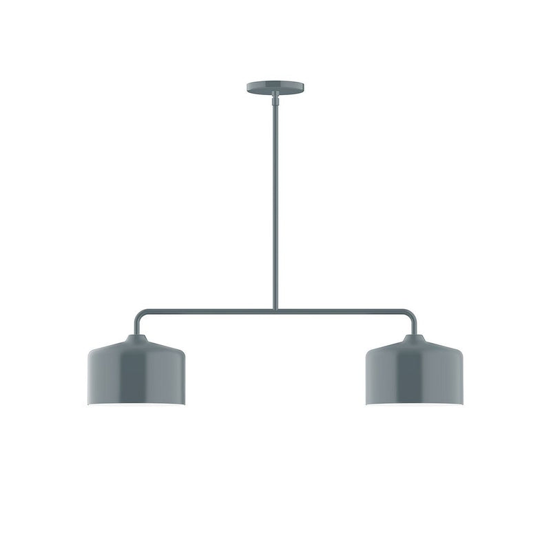 Slate gray two-light linear LED pendant with two cylindrical shades and round canopy.