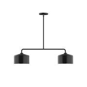 Black 2-light linear LED pendant with two cylindrical shades and round canopy.