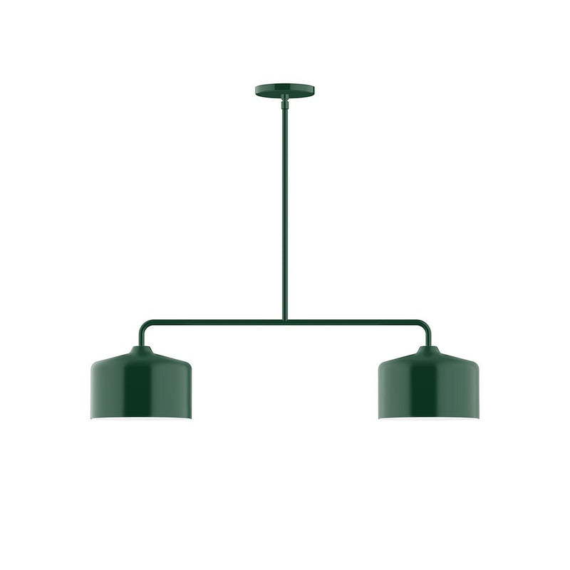 Forest green 2-light linear pendant with two cylindrical shades and canopy.