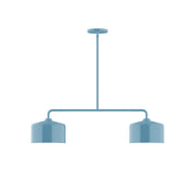 Light blue two-light linear pendant with two cylinder shades and round canopy