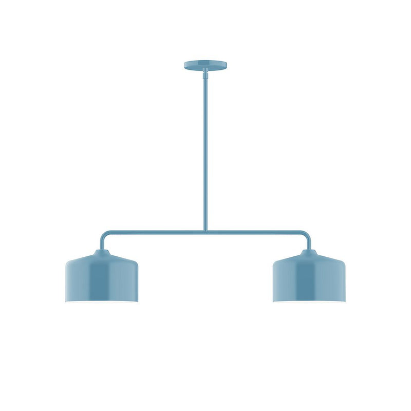 Light blue two-light linear pendant with two cylinder shades and round canopy