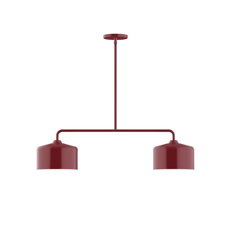 Barn red two-light linear pendant with two cylindrical shades and canopy