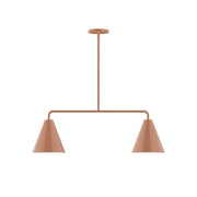 Terracotta two-light linear LED pendant with two conical shades and straight canopy.