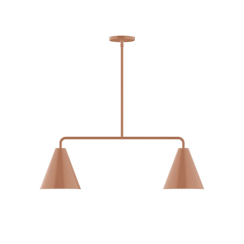 Terracotta two-light linear LED pendant with two conical shades and straight canopy.