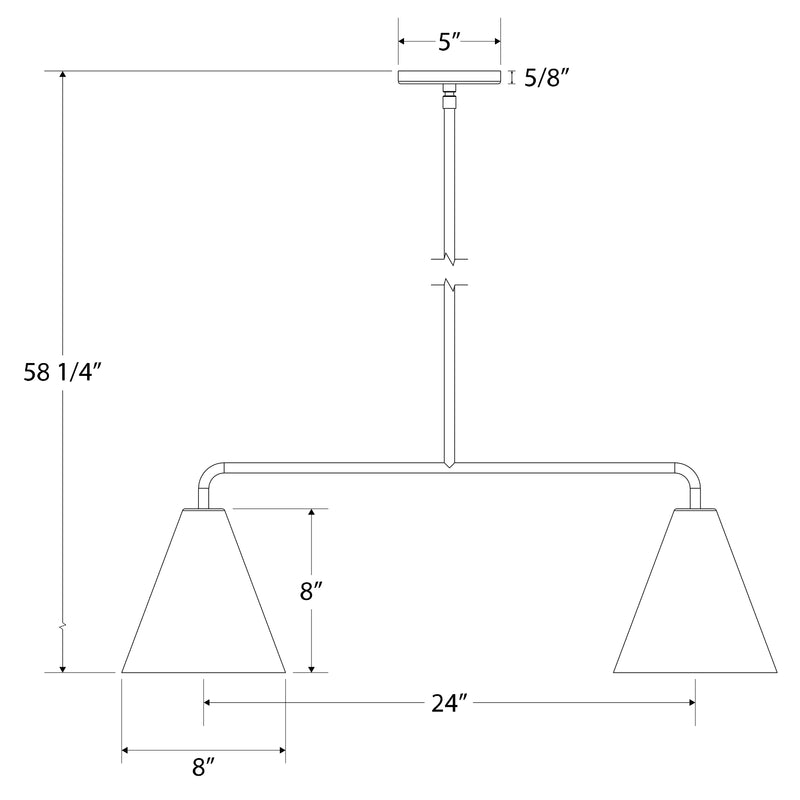 Linear LED pendant size diagram with 24 in bar and two conical shades