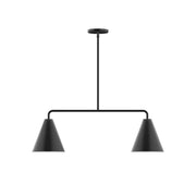 Two-light linear pendant with two black cone shades and round canopy